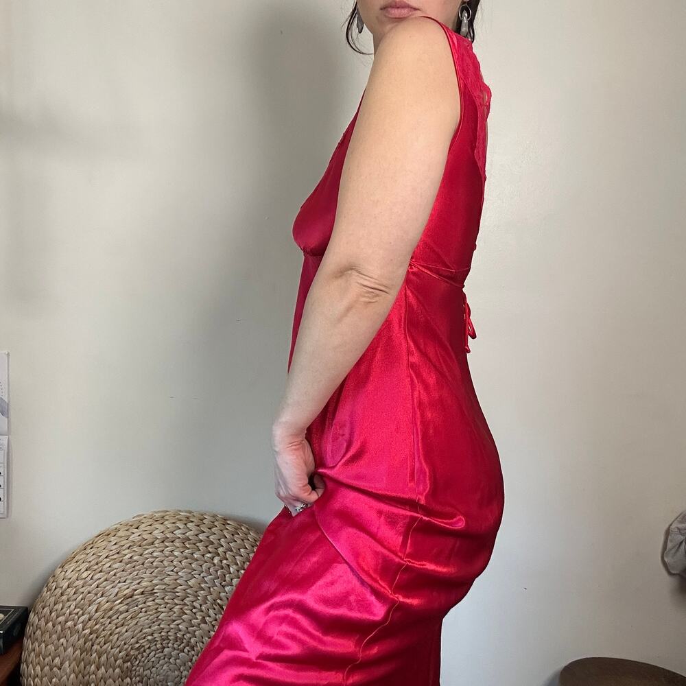 Vintage California Dynasty Red Satin Lace Lingerie Slip Dress w/ Leg Slit Sz S - Picture 4 of 10